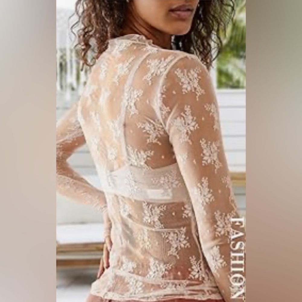 Tops Mesh w/ Lace Long Sleeve Mock Neck Sexy w/ Thumb Hole~  White or Cream - Picture 5 of 16
